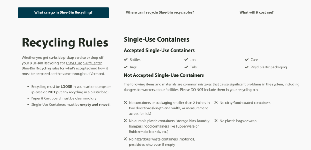 Screenshot of the new CSWD site's FAQs on Blue-Bin Recycling